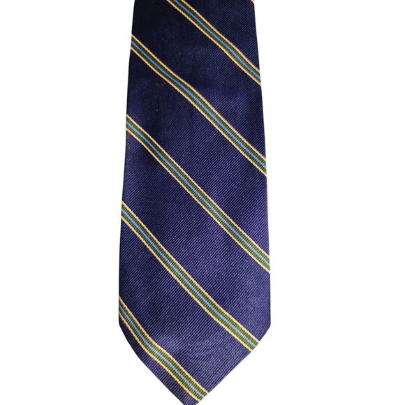 Vintage Repp Necktie Kings Road Sears Mens Navy Green & Yellow Silk - Picture 3 of 9